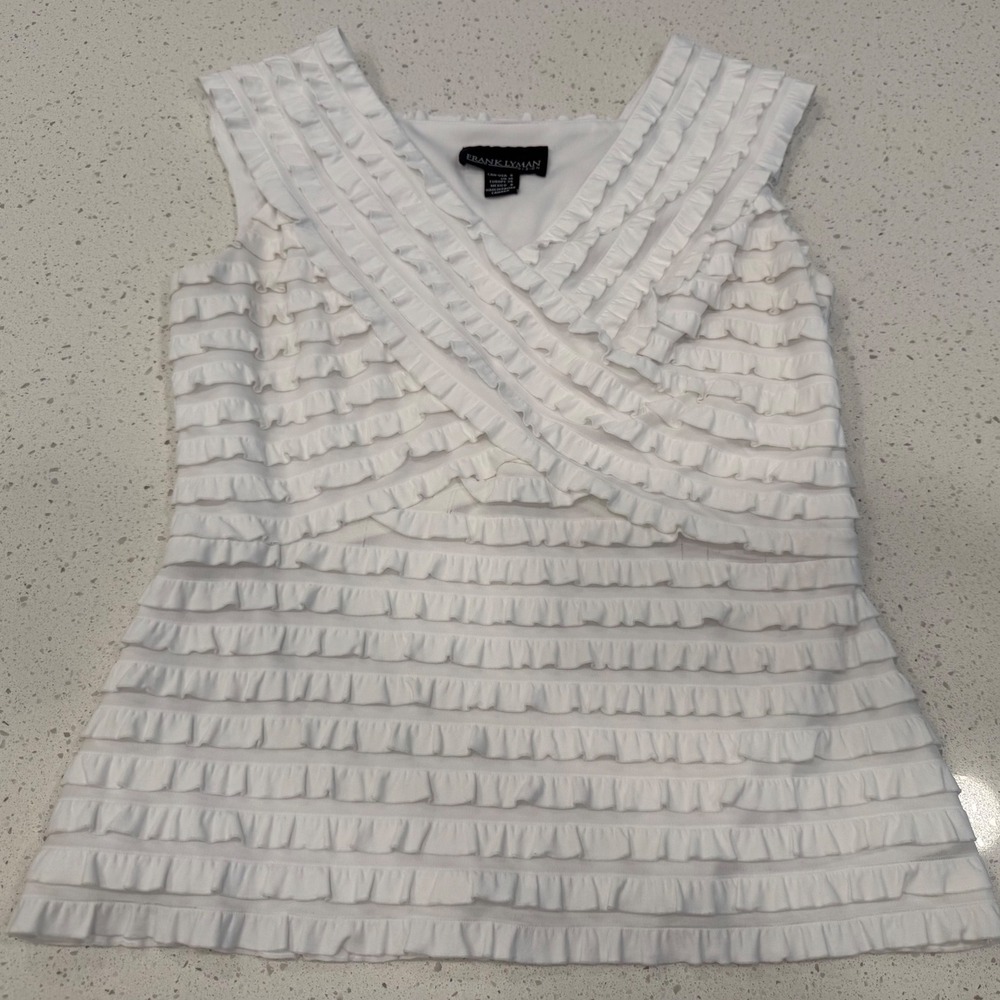 Frank Lyman Ruffle Tank Top Womens 8 White Excellent Chic Sleeveless Tiered